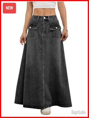 Cargo Denim Maxi Skirt Cotton A-Line Flared Pleated Long Jean Skirt